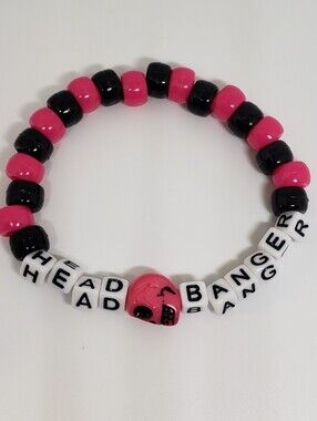 Handmade Pink Black Skull Head Banger Kandi bracelet